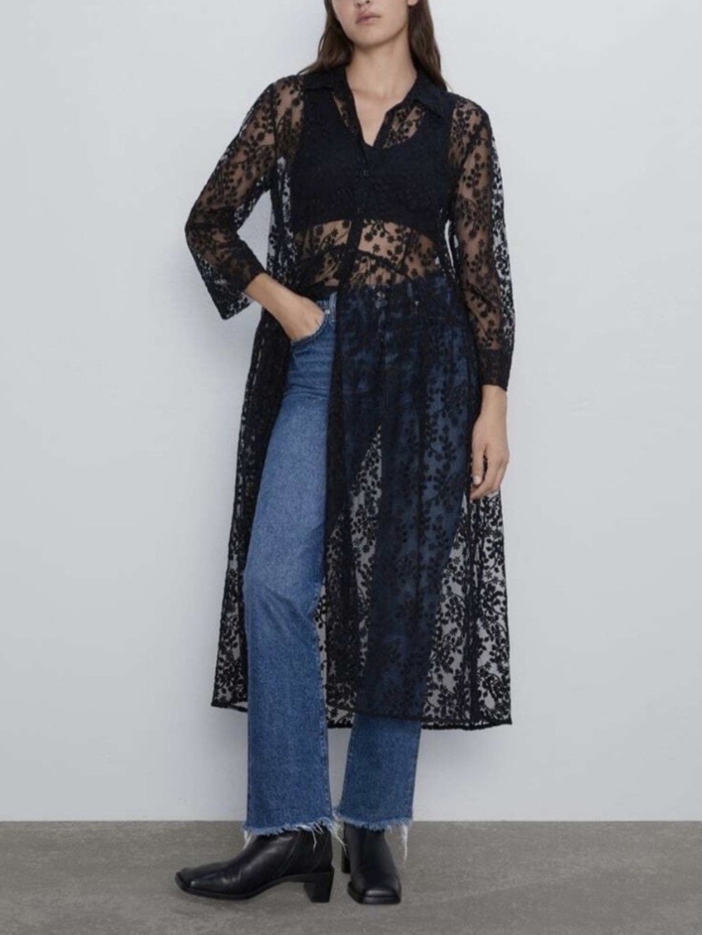 Zara Black Lace Embroidered Sheer Shirt Dress